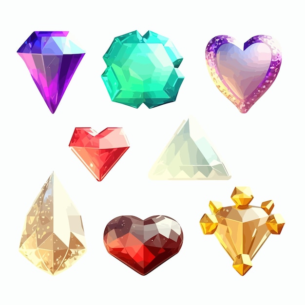 Szlachetne klejnoty kryształowe kamienie w kształcie trójkąta gwiazdy serca i korony Pojedynczo na tle Ilustracja wektora kreskówek