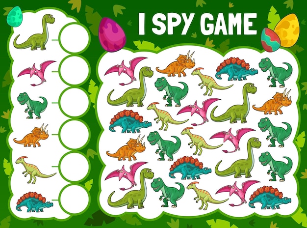 Szpieguję Grę Z Kreskówkowymi Dinozaurami. Wektor Puzzle Edukacyjne Dla Dzieci Z Uroczymi Postaciami Dino. Rozwój Umiejętności Liczenia I Uwagi, Strona Z Zagadkami Z Kreskówek. Arkusz Matematyki, Zadanie Edukacyjne Dla Dzieci