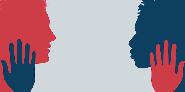 Plik wektorowy sztandar dwóch wieloetnicznych sylwetek osób w profilu pojęcie równości rasowej i antyrasizmu