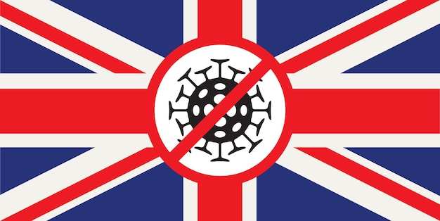 Plik wektorowy sztandar flagi wielkiej brytanii z komórką wirusa covid-19 i znakiem zakazu