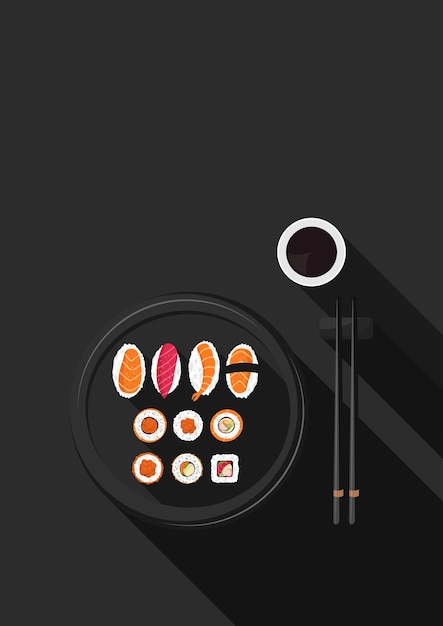 Sztandar Japońskiego Sushi I Bułek W Talerzu Na Czarnym Tle Koncepcja Restauracji Kuchni Azjatyckiej