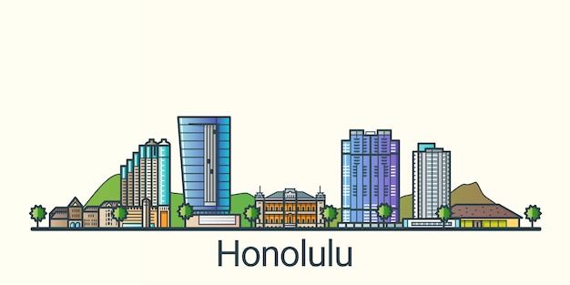 Sztandar Miasta Honolulu W Modnym Stylu Płaskiej Linii. Grafika Liniowa Miasta Honolulu. Wszystkie Budynki Oddzielone I Konfigurowalne.