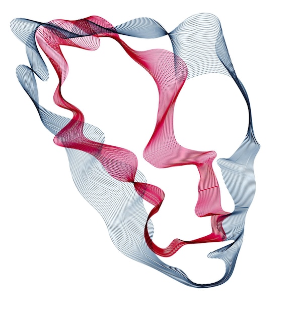 Sztuczna Inteligencja, Abstrakcyjny Artystyczny Portret Ludzkiej Głowy Wykonany Z Kropkowanej Tablicy Cząstek, Cyfrowy Interfejs Wizualny Oprogramowania Wektorowego. Cyfrowa Dusza, Duch Technologicznego Czasu.