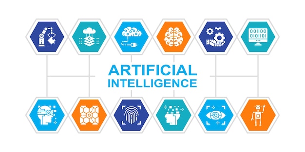 Sztuczna Inteligencja Linii Ikony Baner Internetowy Robotyka Chatbot Baza Danych Infografika Ilustracja