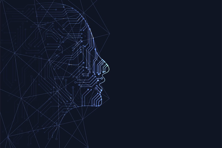 Sztuczna inteligencja. Streszczenie geometryczny zarys głowy człowieka z płytką drukowaną. Tło koncepcji technologii i inżynierii. Ilustracja wektorowa