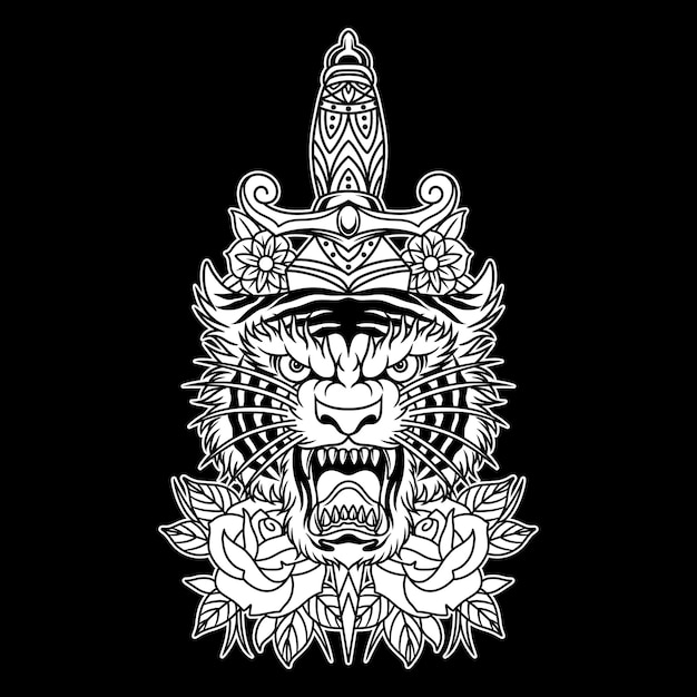 Plik wektorowy sztylet tygrys tatuaż czarno-biały ilustracja