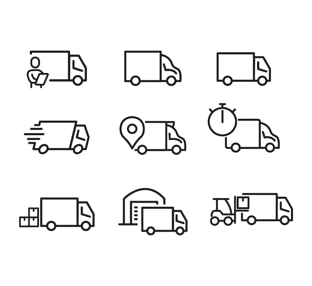 Szybka ciężarówka dostawcza Zestaw ikon linii Ilustracja wektorowa dla aplikacji i stron internetowych