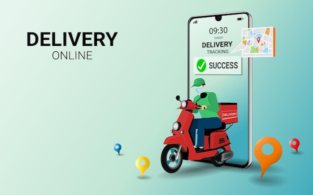 Szybka dostawa człowiek przez skuter na urządzeniu mobilnym Online zamówienie żywności e-commerce Koncepcja inteligentnej logistycznej paczki na stronie internetowej i baneru 3D ilustracji wektorowych