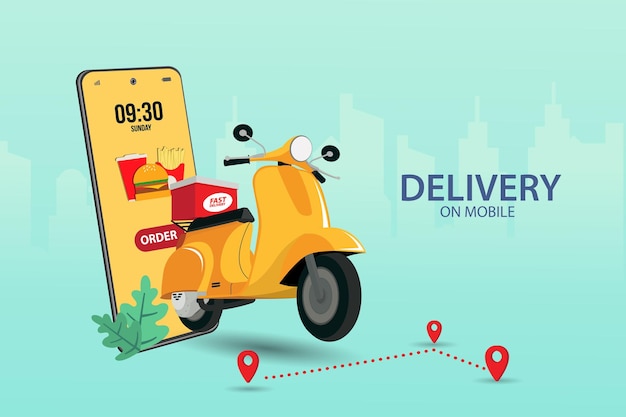 Szybka dostawa skuterem na mobilnym koncepcie e-commerce Online zamówienie żywności infografika