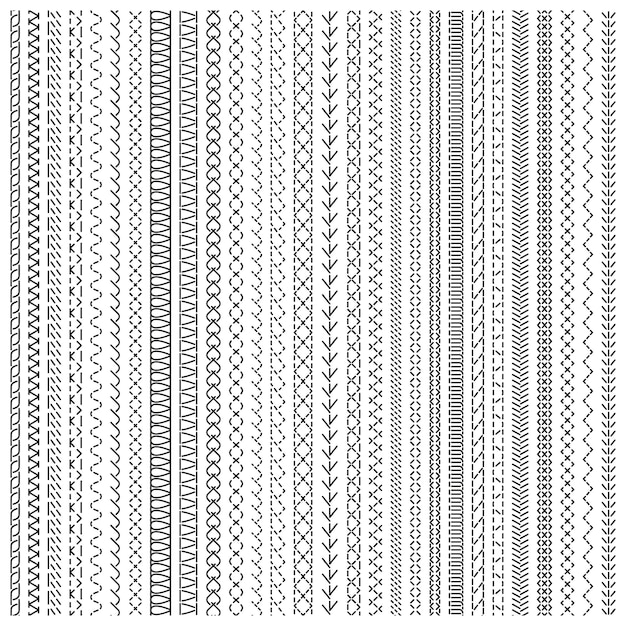 Plik wektorowy szycie ściegów, szycie maszynowe i ręczne. linie graniczne ściegu haftu, szycie zygzak i faliste paski wektor zestaw ilustracji. szyte szwy hafciarskie, ścieg do szycia obramowania