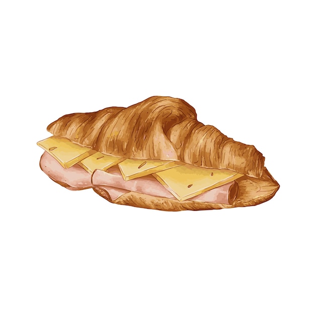 Plik wektorowy szynka i ser croissant sandwich ręcznie rysowane akwarela ilustracja