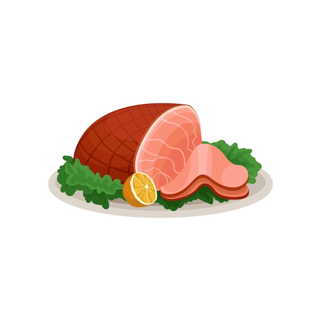 Plik wektorowy szynka z pokrojoną połową cytryny i zieloną sałatą liście płyty ceramicznej pyszne wędzone mięso danie na świąteczny obiad płaskie wektor ikona