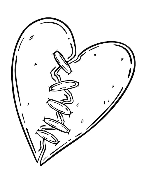 Szyte Pęknięte Serce Symbol Miłości Doodle Liniowe