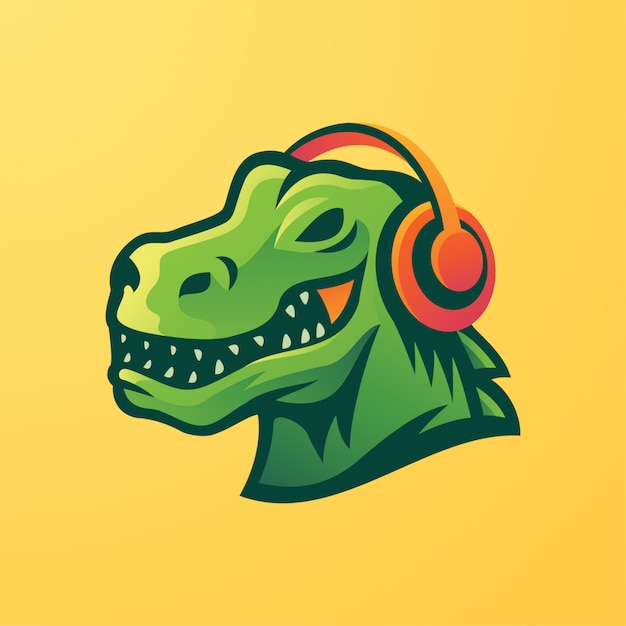 T-rex Za Pomocą Logo Maskotki Słuchawek