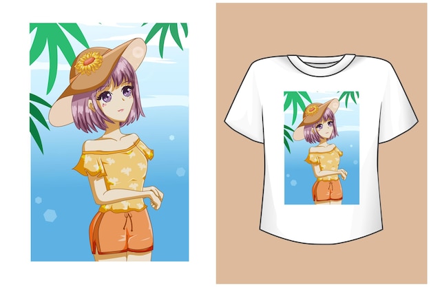 Plik wektorowy t shirt design makieta ładna dziewczyna na plaży w lecie