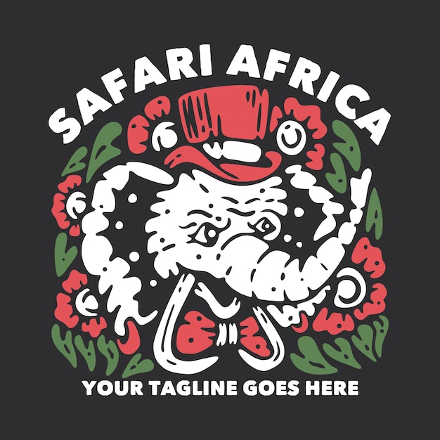 T Shirt Projekt Safari Afryka Ze Słoniem W Kapeluszu I Krawacie I Szarym Tle Vintage Ilustracji