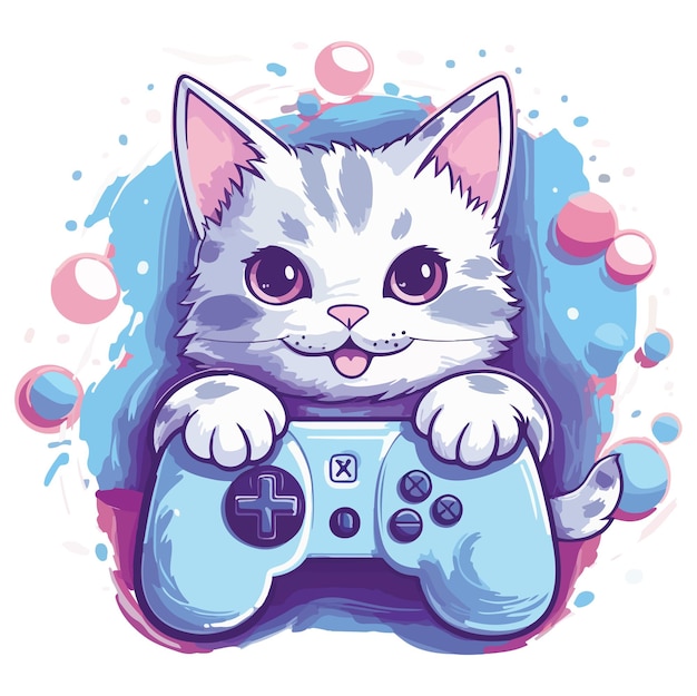 Ta urocza ilustracja przedstawia kota z koszulką z gamepadem