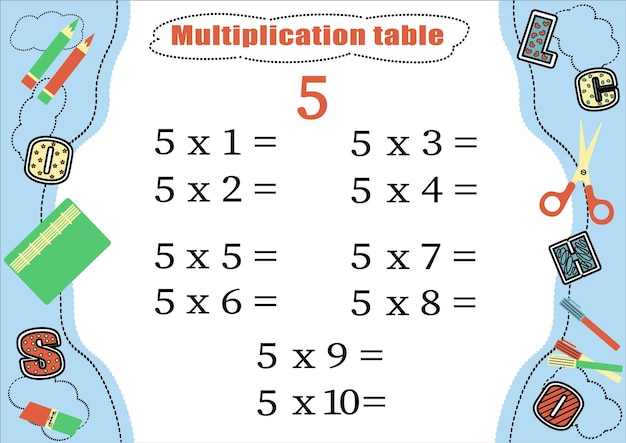 Plik wektorowy tabela mnożenia przez 5 z zadaniem konsolidacji wiedzy o mnożeniu