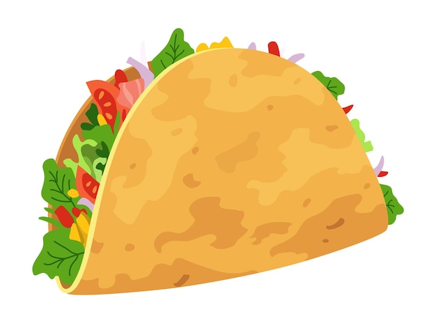 Taco z składnikami tortilla liście sałaty ser i pomidor Tradycyjne meksykańskie fastfoody element projektowania żywności w Meksyku dla reklamy menu Ilustracja kreskówka wektorowa