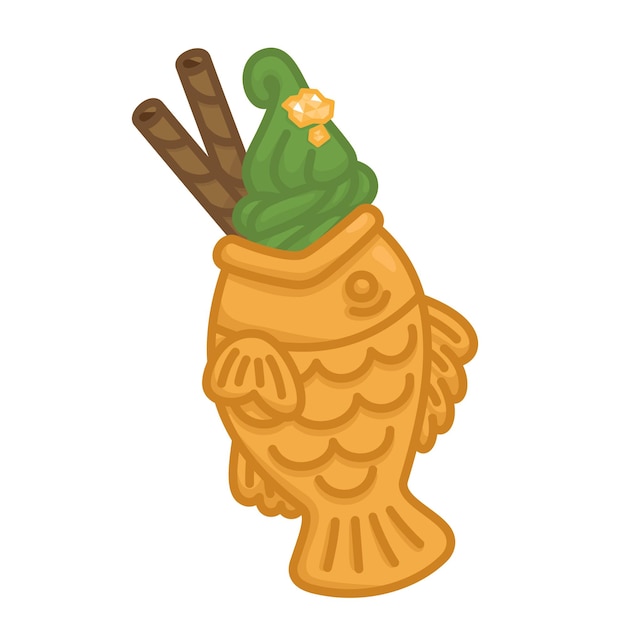 Taiyaki Zielona Herbata Latte Polewa Lodowa Z Bułką Czekoladową I Złotym Liściem Kawaii Doodle Flat