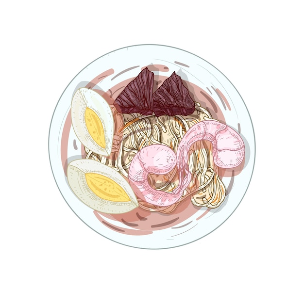 Tajski Makaron Smażony Ręcznie Rysowane Ilustracji. Zupa Hokkien Mee Z Plastrami Jajka W Misce Na Białym Tle