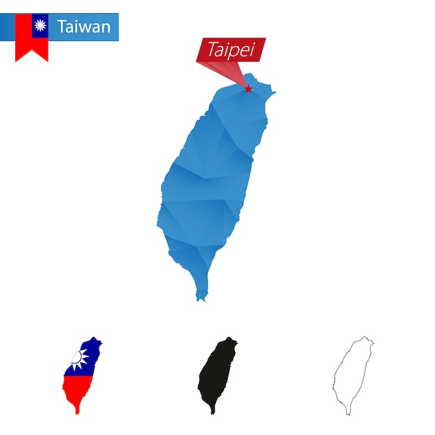 Tajwan Niebieska Mapa Low Poly Ze Stolicą Taipei