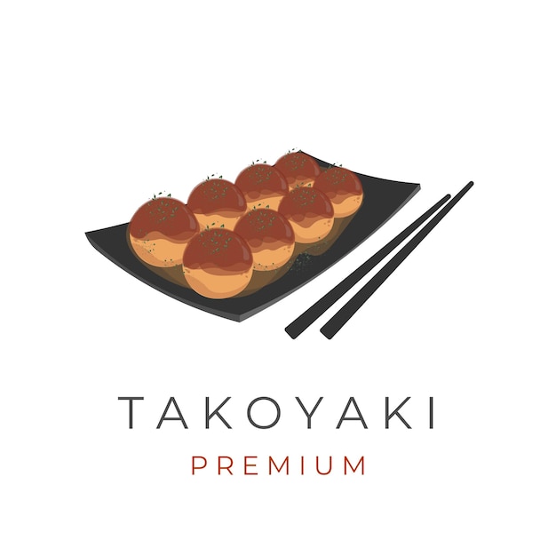 Takoyaki Wektor Ilustracja Logo Serwowane Z Japońskimi Pałeczkami I Talerzem