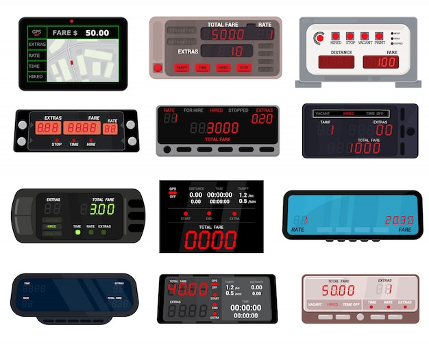 Plik wektorowy taksometr taksówki taryfy samochodu taksówki miernik urządzenia wyposażenie pomiar ilustracja zestaw