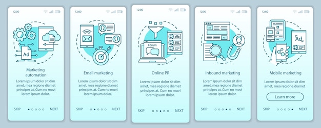 Taktyka marketingu cyfrowego turkusowy onboarding szablon wektor ekranu strony aplikacji mobilnej. Instruktaż kampanii reklamowej kroki strony internetowej z liniowymi ilustracjami. Koncepcja interfejsu smartfona UX, UI, GUI