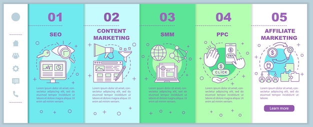 Taktyki marketingu cyfrowego onboarding szablon wektorów mobilnych stron internetowych