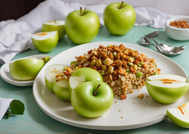 Plik wektorowy talerz jedzenia z talerzem jedzenia z zielonym jabłkiem na bocznej ilustracji wektorowych