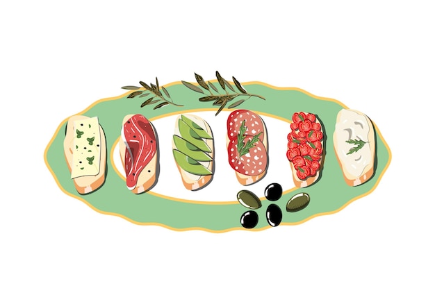 Talerz w kształcie elipsy z różnorodnymi bruschettami i oliwkami. Ilustracja wektorowa żywności.