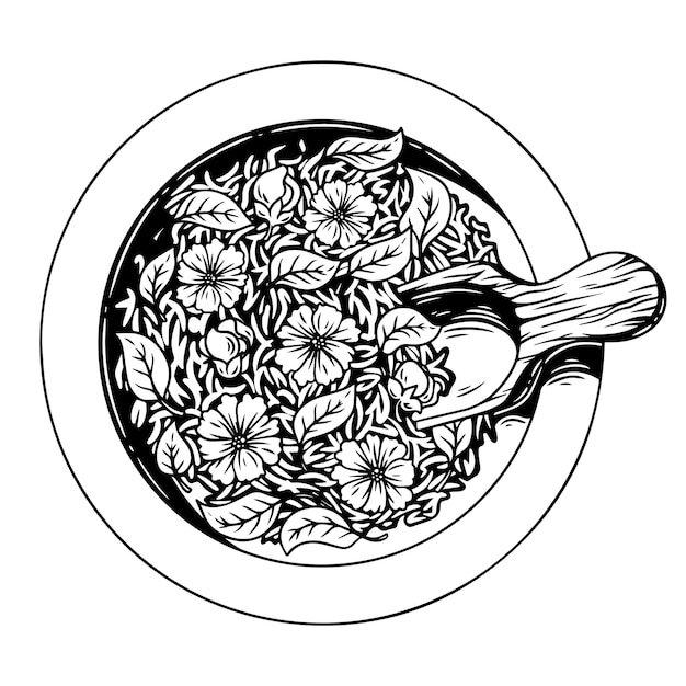 Plik wektorowy talerz z kwiatami i przyprawami do medycyny alternatywnej i gotowania.