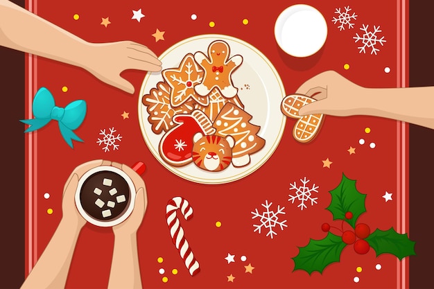 Plik wektorowy talerz z piernikowymi ciasteczkami świątecznymi. impreza okolicznościowa z gorącym kakao, mlekiem, trzciną cukrową i jemiołą. ilustracja wektorowa widok z góry na nowy rok i zimowe wakacje.