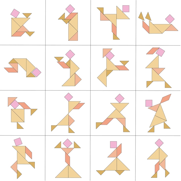 Wektor tangram gra logiczna schematy z różnymi przedmiotami