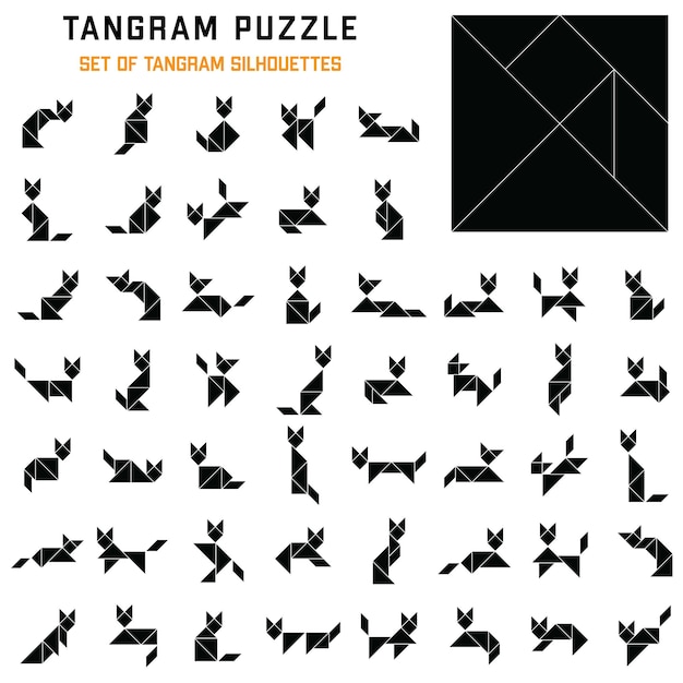 Tangram Puzzle. Sylwetki Kotów Tangram W Różnych Pozach. Puzzle Dla Dzieci. Wektor Zestaw.