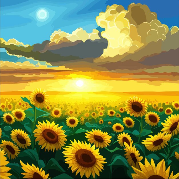 Plik wektorowy tapeta krajobraz pola słoneczników na tle błękitnego nieba z chmurami natura ilustracji wektorowych