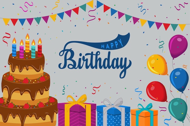 Tarjeta de feliz cumpleanos con globos torta y confeti