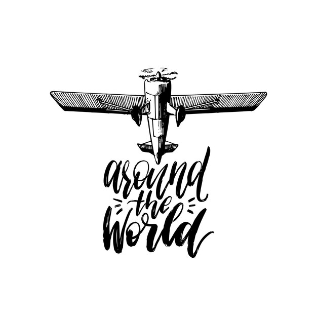 TAround The World wektor typograficzny inspirujący plakat Vintage retro logo samolotu Ręcznie rysowane ilustracja lotnictwa w stylu grawerowania