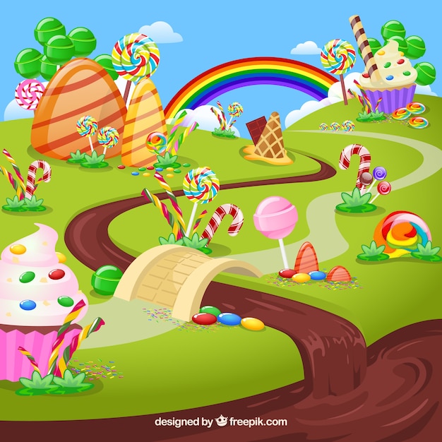 Tasty Candy Land Background In Flat Style