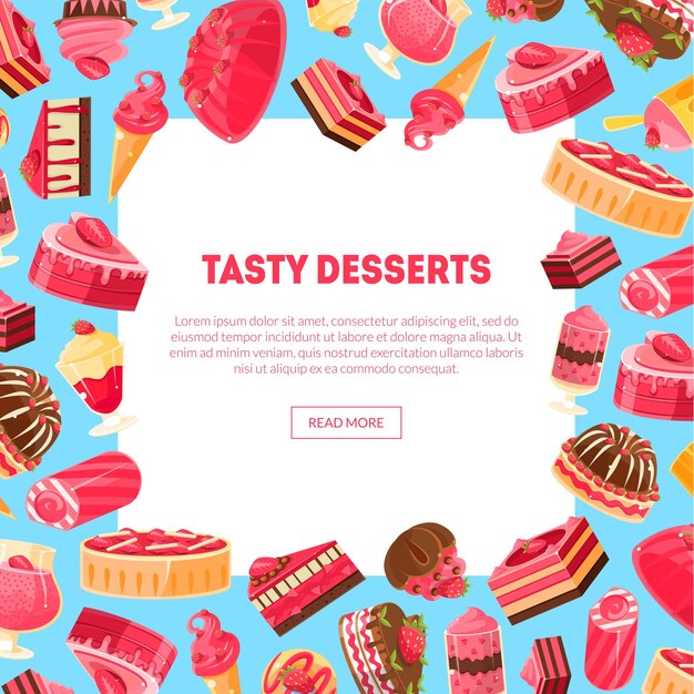 Tasty Desserts Banner Template z miejscem dla tekstu Online Candy Shop Confectionery Vector Illustration Web Design