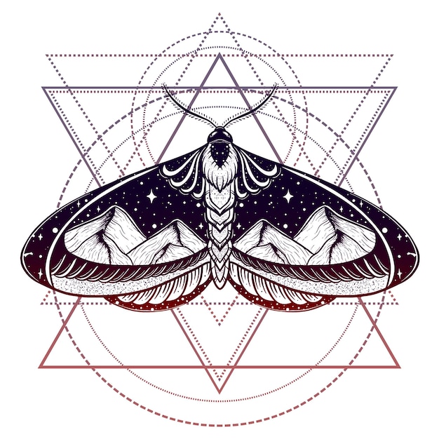 Plik wektorowy tatuaż motyl z podwójną ekspozycją z górami na geometrycznym znaku symbol wolności podróży