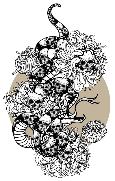Tatuaż sztuki węża i wzór czaszki, rysunek i szkic czarno-biały