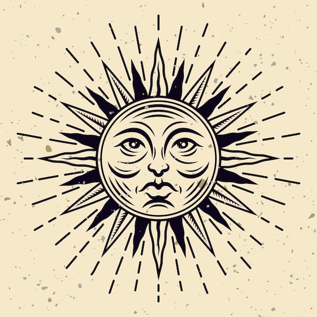 Tatuaż twarz słońce z promieniami wektor mistyczne ilustracji w stylu vintage na tle z grunge tekstury