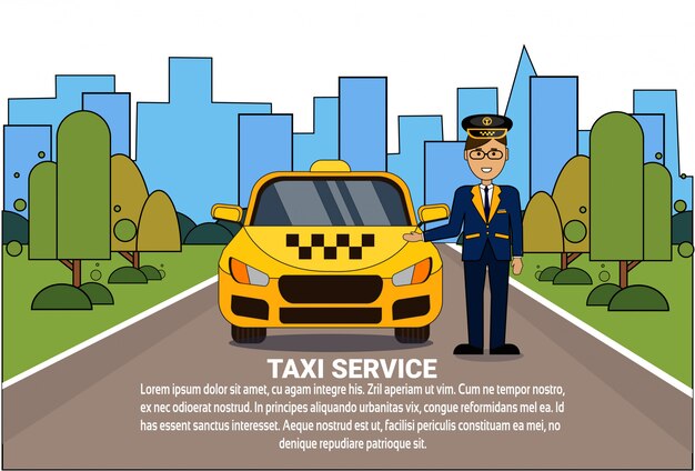 Taxi Service Concept Kierowca Stoi W żółtej Kabinie