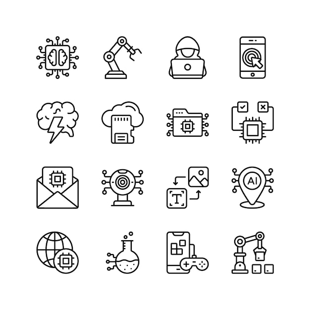 Te ikony reprezentują różne aspekty technologii, w tym sztuczną inteligencję, roboty.
