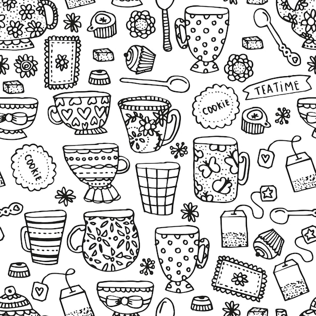 Tea party bez szwu handdrawn wektor wzór wzoru