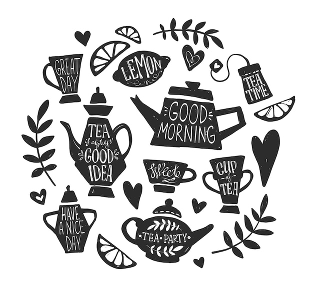 Plik wektorowy tea party handketched doodle zestaw napisów elementów typografii wektorowych vintage tea time collection