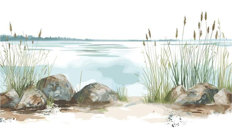 Teal i Green Watercolor Lake Edge z Rocky Sandy Cattails