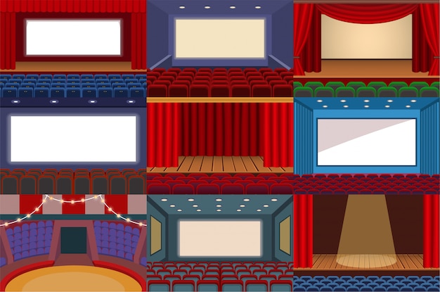 Plik wektorowy teatr scena teatralna i opera teatralna ilustracja teatralnie zestaw wnętrz kinowych i rozrywki z zasłonami na białym